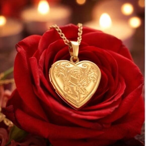 Gold Heart Locket Necklace Vintage Floral Rose Valentine\'s Day Birthday Gift NEW